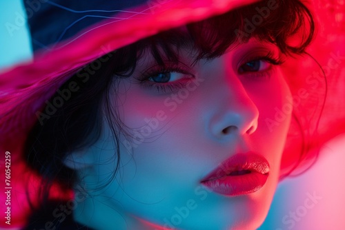 A womans face bathed in red and blue neon lights, her gaze pensive under the brim of a hat
