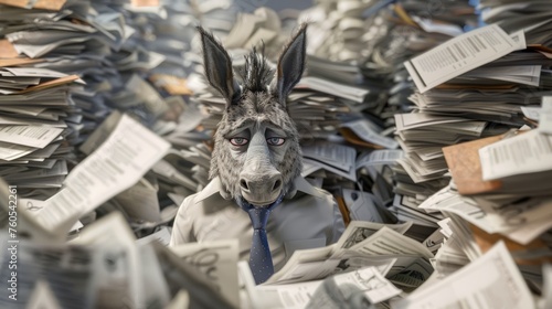 A humorous illustration of an exhausted donkey buried in paperwork, symbolizing stress and overload