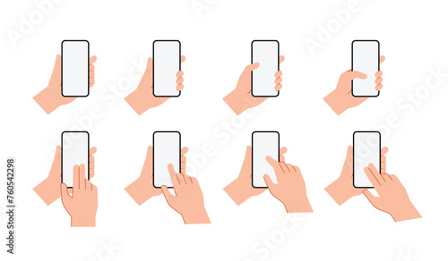 Hands holding mobile phones set. Fingers touching, tapping, scrolling smartphone screens, using applications. People handling with cellphones. Flat vector illustration isolated on white background