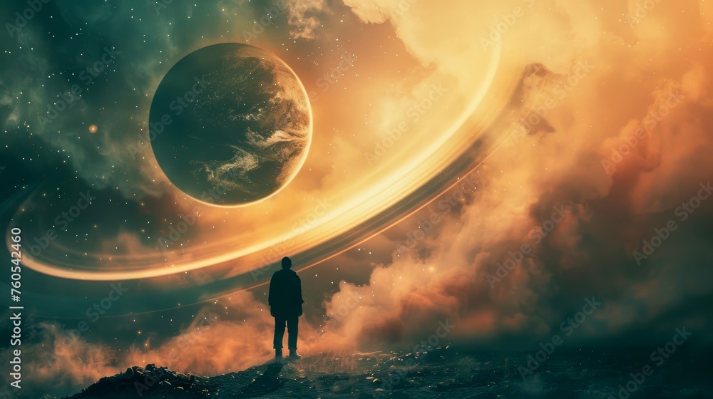 A dreamlike image of a lone figure observing a fantastical alien planet and rings in the sky