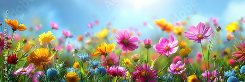 colorful background with colorful Cosmos flower with  clear blue sky background, colorful spring flower, banner