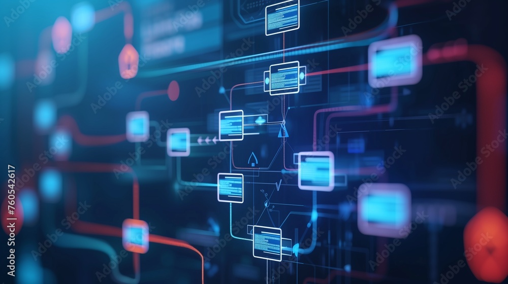 A dynamic flowchart evolving with AI algorithms, illustrating the strategic decision-making process in human resources./ A dynamic flowchart evolving with AI algorithms, illustrating the strategic decision-making process in human resources./