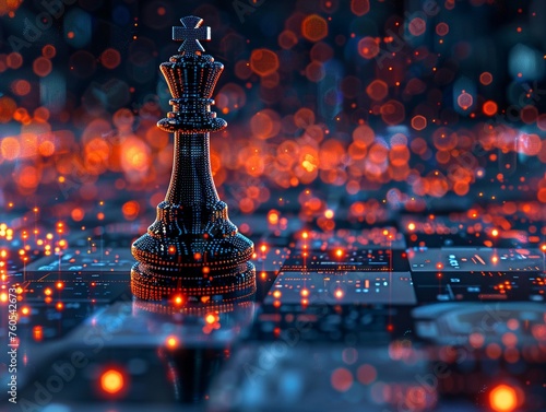 Chess king in digital realm, leadership in technology, glowing circuits, side angle