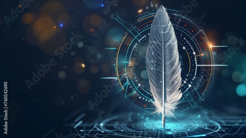 A futuristic quill pen sketching the blueprint for HR innovation, with AI algorithms assisting in the creation of progressive strategies for organizational growth