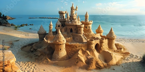 A sand castle is built on a beach next to the ocean. The castle is made of sand and has a castle-like appearance. The scene is peaceful and serene photo