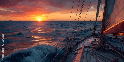 A sailboat is sailing on a calm sea with a beautiful sunset in the background