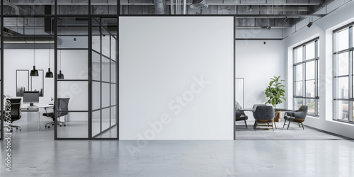 White blank wall in a modern office interior with glass doors and windows, mockup template,banner photo