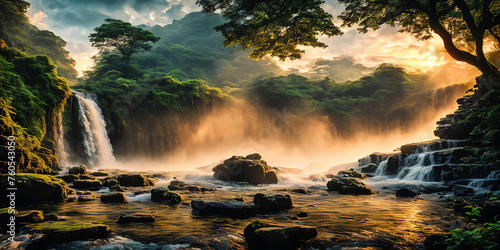 Fantasy landscape with waterfalls, panorama.