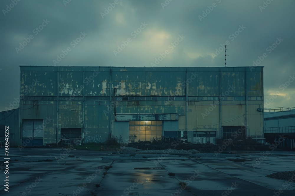 Wide-angle shot of the exterior of the weapons factory at dusk
