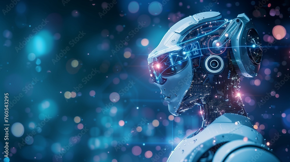 A virtual stage where AI spotlights HR innovations, illuminating the path to organizational excellence with a dynamic fusion of technology and human expertise./ - obrazy, fototapety, plakaty 