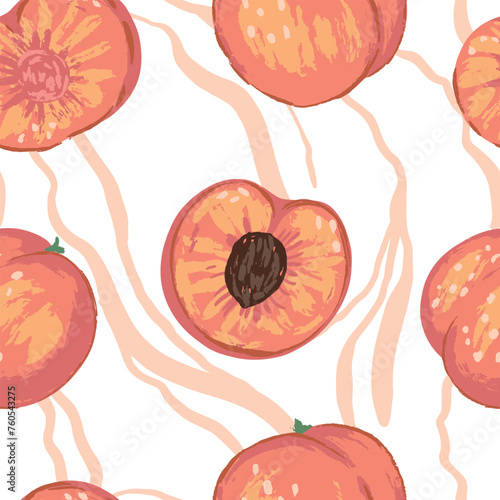 Seamless pattern of peaches in modern style. Vector contemporary ornament of fresh tasty fruits.