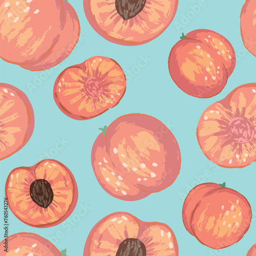 Seamless pattern of peaches in modern style. Vector contemporary ornament of fresh tasty fruits.