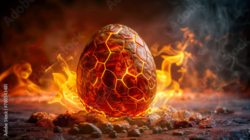 A glowing, cracked dragon egg-like object encased in flames and embers on a dark, rugged surface