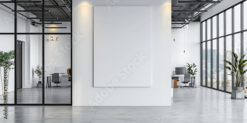 White blank wall in a modern office interior with glass doors and windows  mockup template banner
