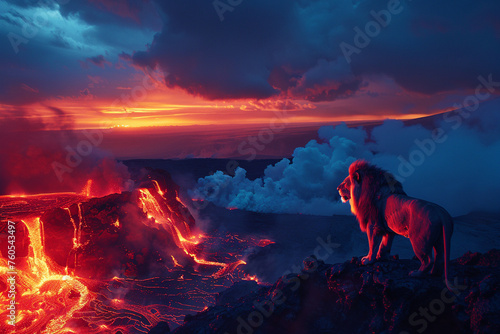 A majestic lion stands before a volcanic landscape with molten lava and a dramatic sunset © weerasak