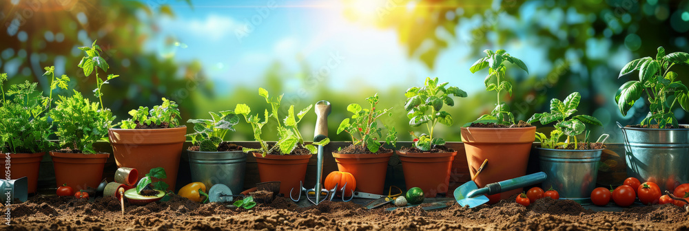  gardening tools and plants in pots in field with sunlight and blu sky background.  banner - obrazy, fototapety, plakaty 