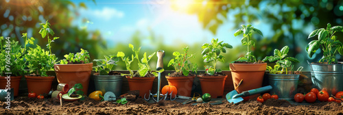  gardening tools and plants in pots in field with sunlight and blu sky background. banner