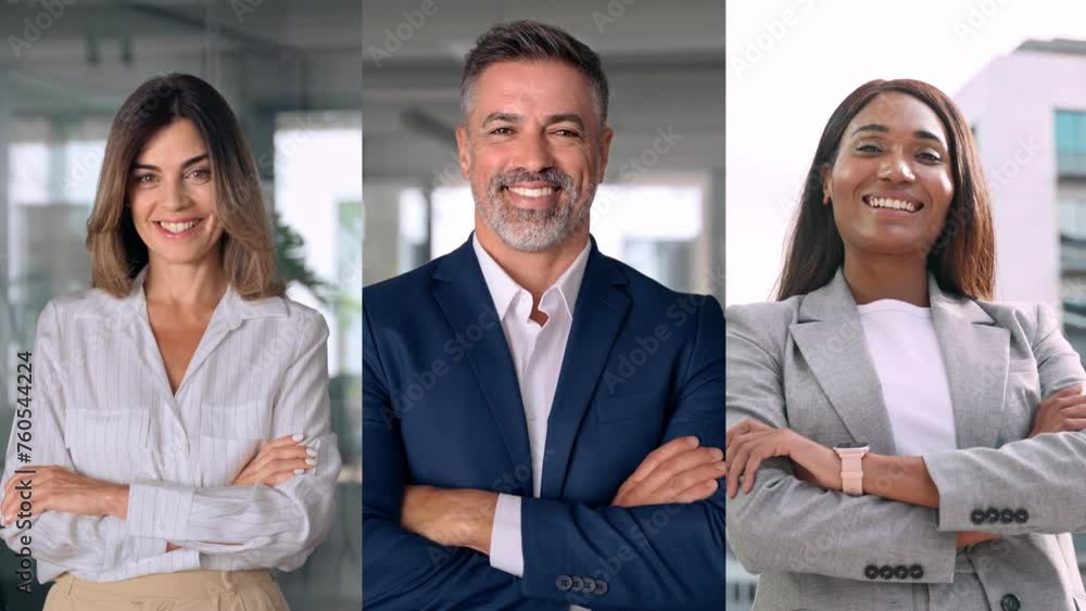 Collage portrait of diverse mature mix businessman, businesswoman standing confident and proudly in office. 40s mature businesspeople, business man, entrepreneur woman looking at camera and smile. Collage portrait of diverse mature mix businessman, businesswoman standing confident and proudly in office. 40s mature businesspeople, business man, entrepreneur woman looking at camera and smile.