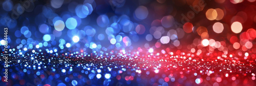 Abstract red white and blue glitter background with bokeh lights, red blue glitter sparkle on dark background, blue red  circle bokeh, defocused, banner © Planetz