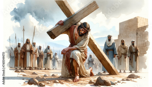 Watercolor illustration of Jesus burdened with a large wooden cross and a scene watch by a group of onlookers. Christianity concept.