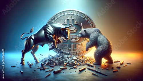 Artistic depiction of a bull and bear clashing over a Bitcoin, symbolizing market volatility. photo