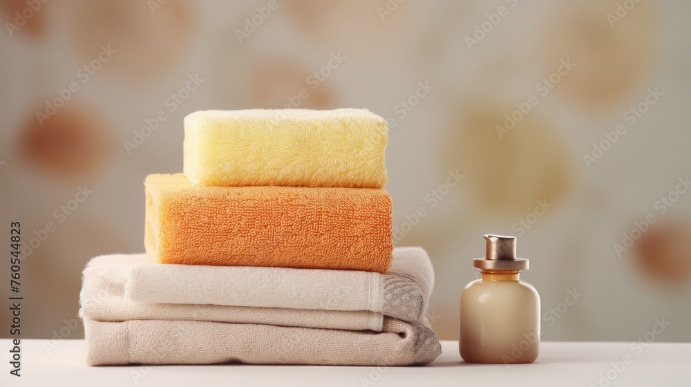 Colored terry towels in a stack on a light background, folded soft bath towels, cosmetics in the background. Bathroom. Colored terry towels in a stack on a light background, folded soft bath towels, cosmetics in the background. Bathroom.