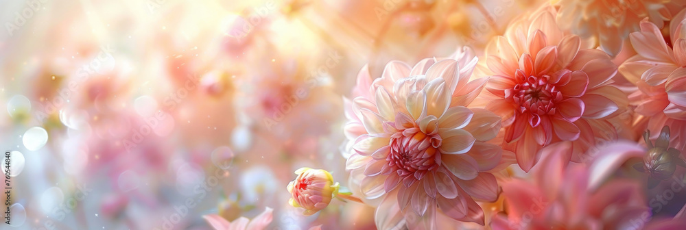 A closeup of delicate pastel-colored peonies and dahlias flowers  on blur background, banner