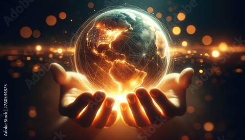 Warm hands tenderly holding a glowing globe against a dark knitted background, depicting care and global connection.