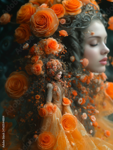 A young woman in a flower wreath with perfectly smooth skin, in peach-colored clothes. It is decorated with orange flowers. Mystical portrait. Fashion magazine cover. Fashion. Cage. © Галина Нечипорук