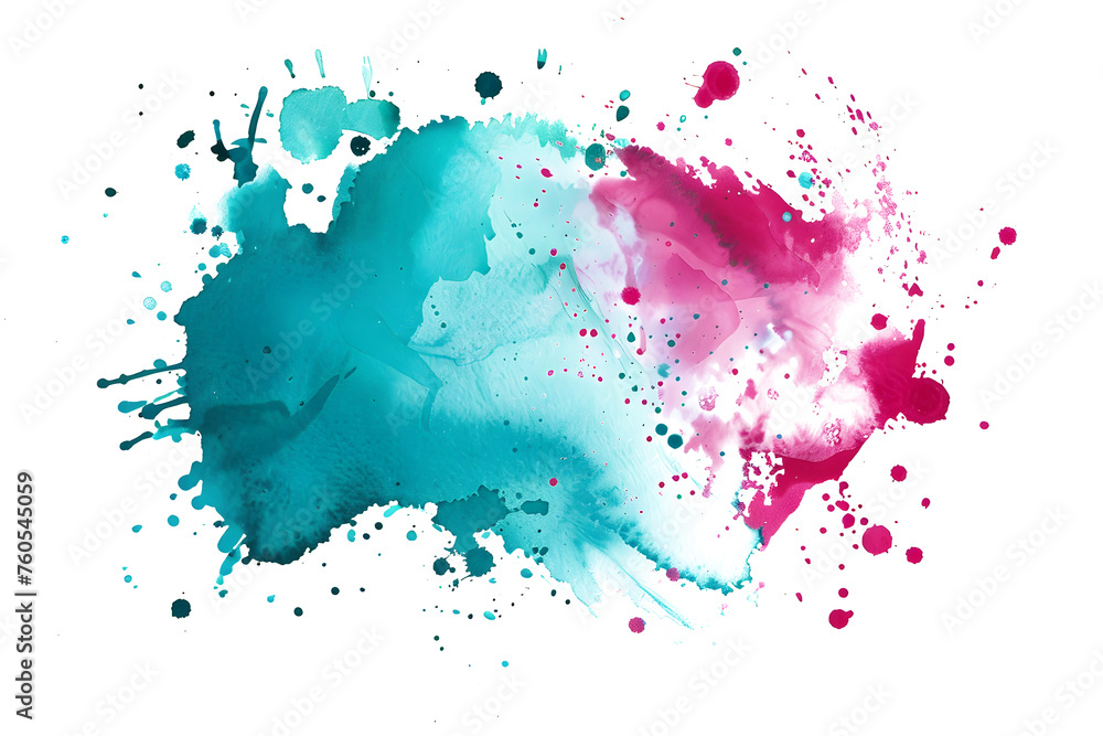 Turquoise and magenta splashed watercolor paint on white background.