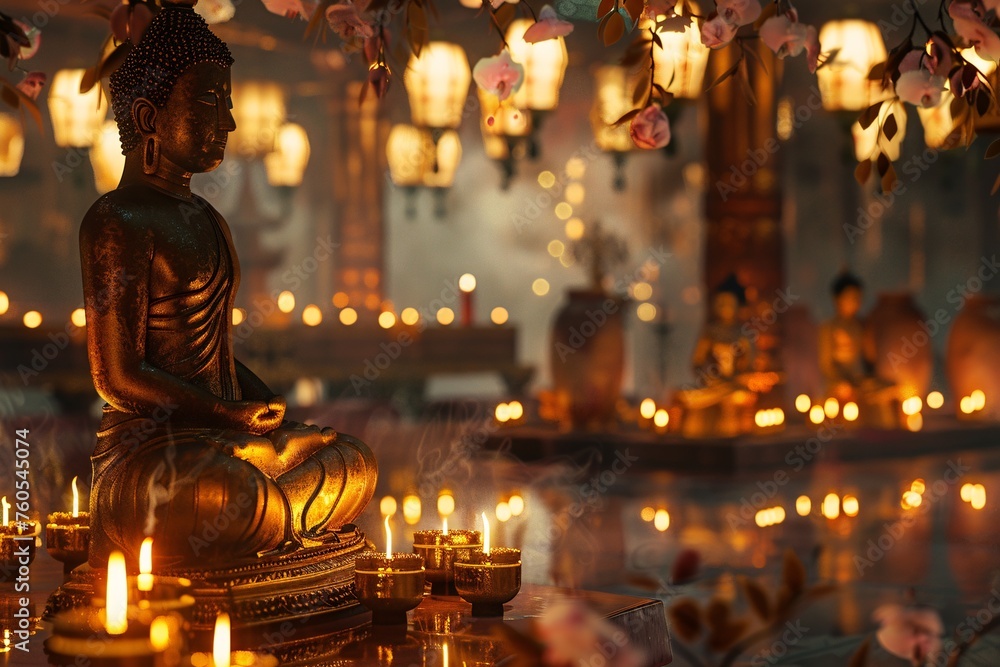 Buddha Statue with Blossoms and Candles