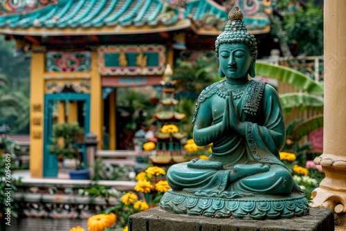 A praying Buddha statue in a serene temple courtyard with flowers, generative ai