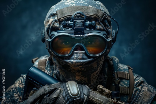 Elite special forces operator in full tactical gear against dark background