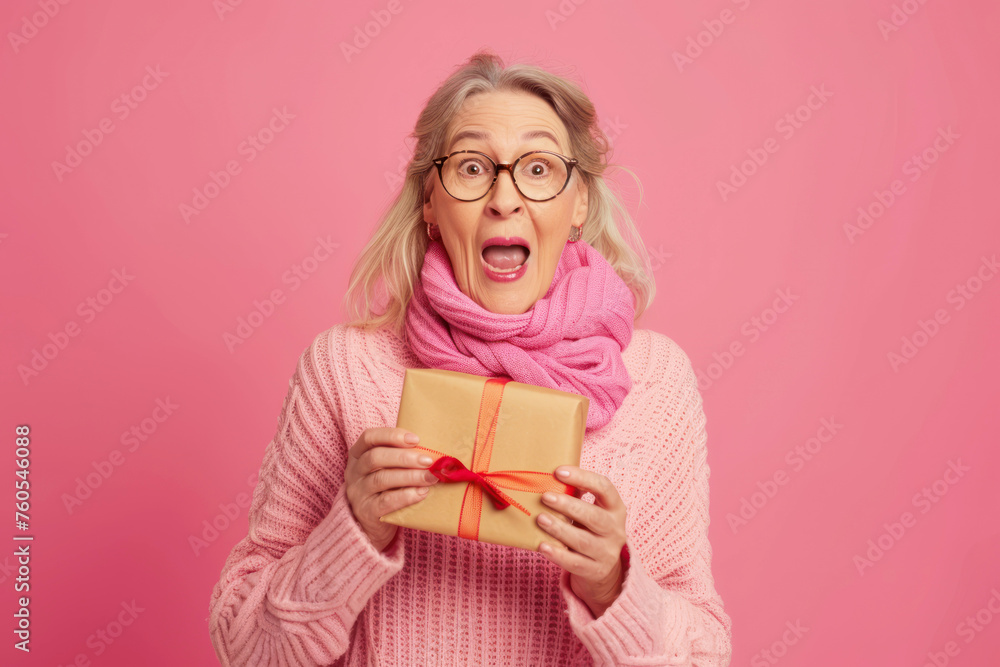 Surprised middle-aged woman holding a gift in hands Surprised middle-aged woman holding a gift in hands
