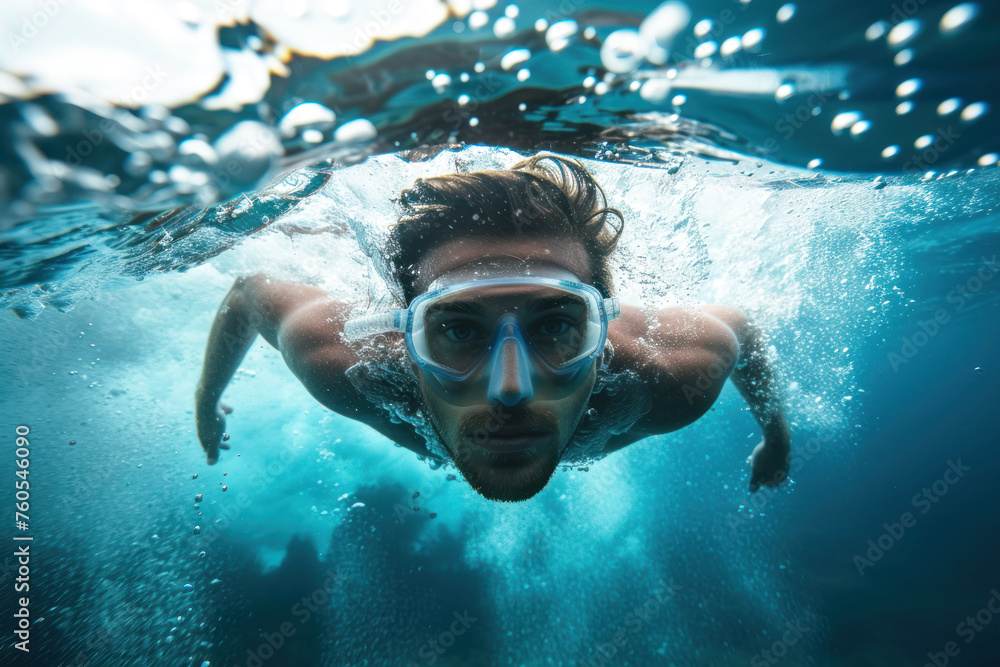 Surfer diving under a wave. Underwater portrait of a man