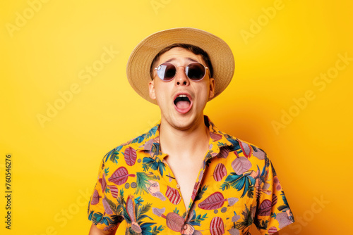 Young fashion handsome man is Surprised and excited in summer isolated color background