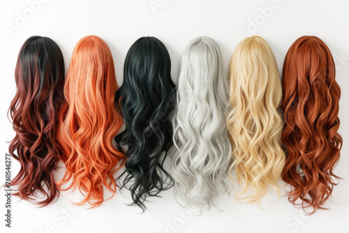 A row of wigs with different hair colors on white background photo