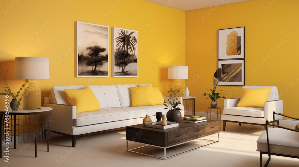 Fototapeta premium Add a yellow accent wall with a textured finish for visual interest.