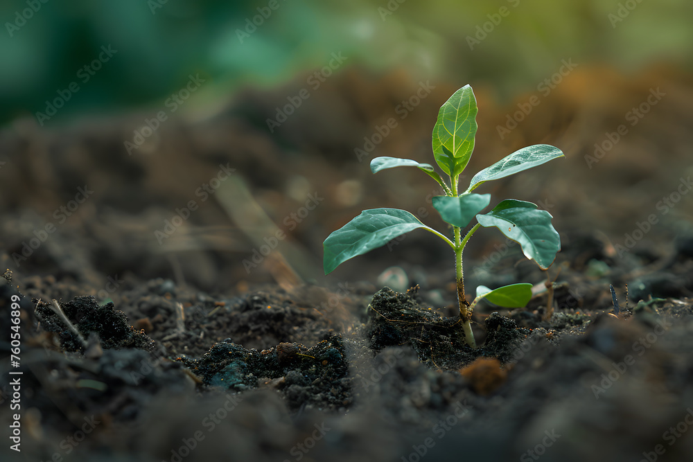A New Beginning: Lone Sapling Sprouts from Fertile Earth.Green seedling illustrating concept of new life and beginning to grow from seed