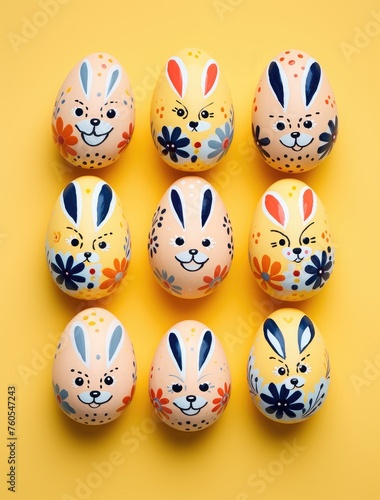 Easter eggs cute bunny on yellow background. Funny decoration. Happy Easter. Top view, close up