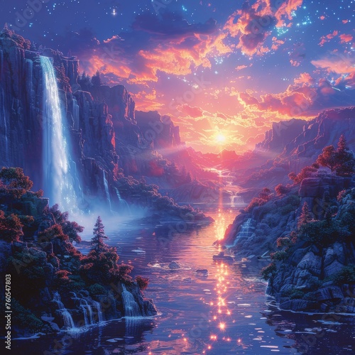 Waterfall haven cascading from celestial heights galactic backdrop