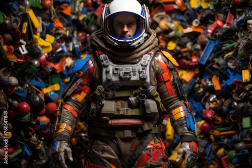 Y2k aesthetic  astronaut surrounded by colorful planets and spaceship in mesmerizing skies