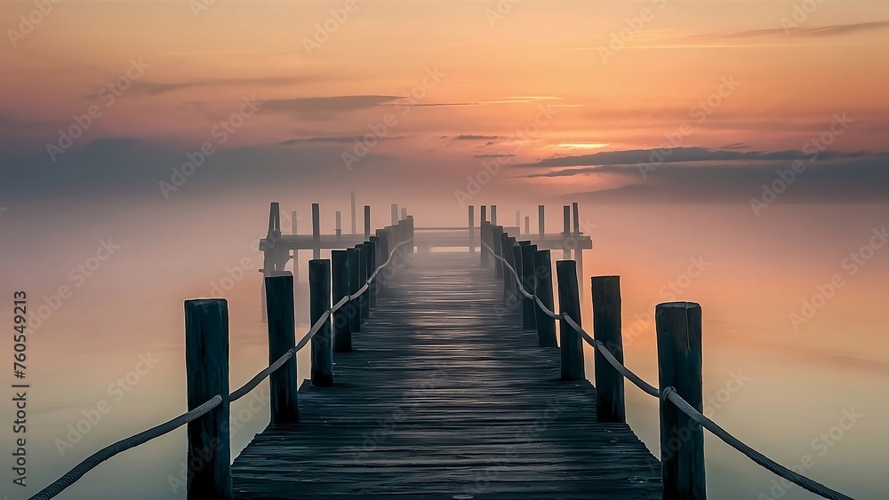 Fototapeta premium A wooden pier at misty dawn in a still sea