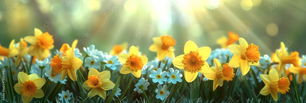 yellow daffodils in the grass with blue sky and sunlight background, yellow flower in field,spring flower,  banner - obrazy, fototapety, plakaty 