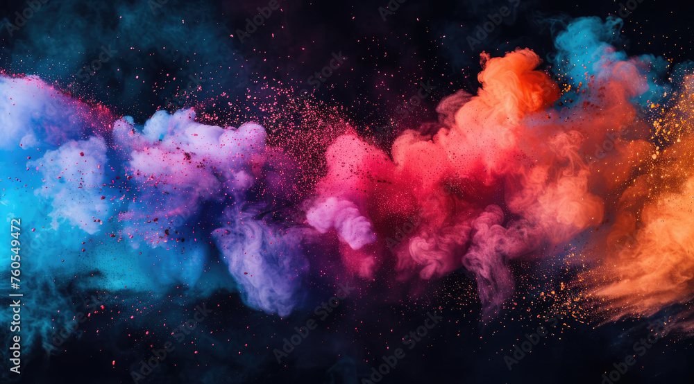 Vibrant explosion of colored powder clouds