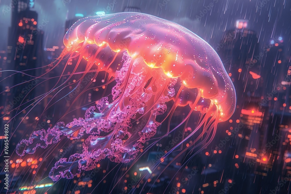 Bioluminescent jellyfish near city architecture, high angle, mystical, digital painting - obrazy, fototapety, plakaty 