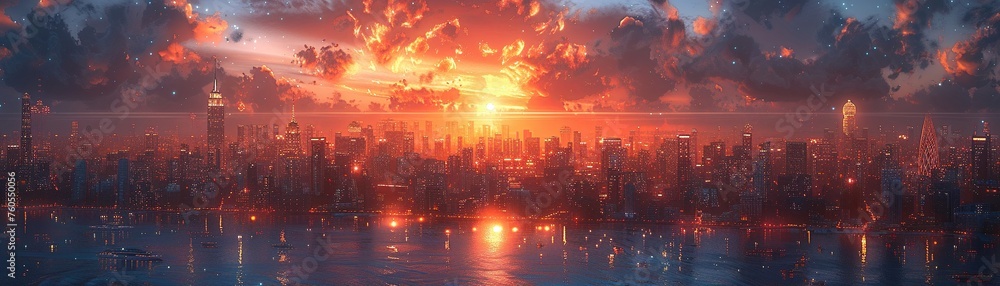 Fototapeta premium Megastructure city, time slipstream effect, twilight, eye-level, hyper-realistic digital art