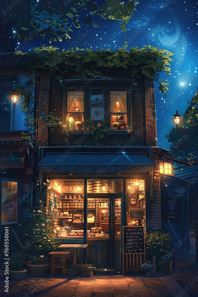 Midnight blue sky, bakery facade with lanterns, wide shot, digital illustration Midnight blue sky, bakery facade with lanterns, wide shot, digital illustration