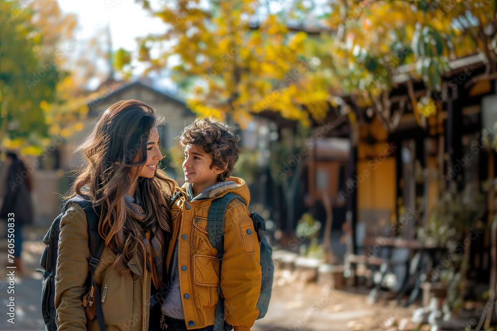 Latin mother and son outdoors looking at camera. Generative AI.