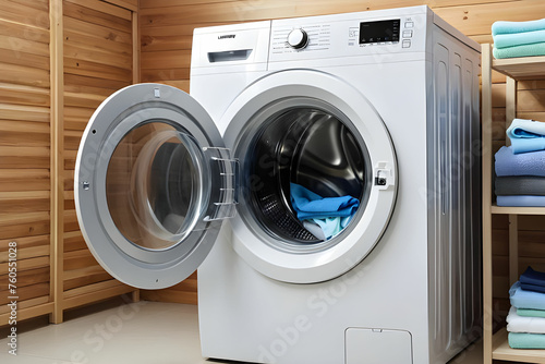 Laundry in washing machine indoors. Washing machine and laundry
